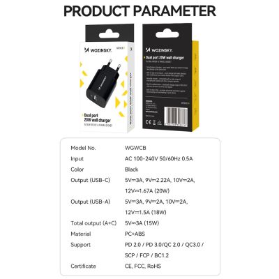 5. Wozinsky WGWCB USB-A USB-C 20W Wandladegerät - Schwarz