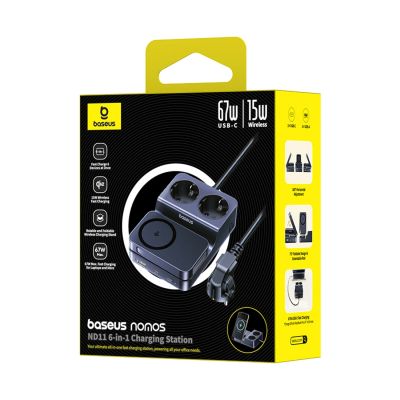 3. Baseus NOMOS ND11 67W 6-in-1 Kabellose Ladestation mit zwei Steckdosen – Schwarz