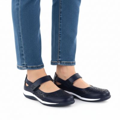 5. Damen-Lederschuhe mit durchbrochenem Muster und Klettverschluss, marineblau, Jezzi 9763