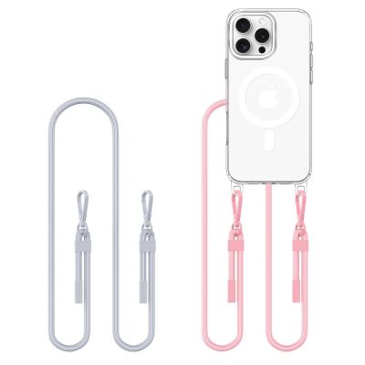 Tech-Protect Flexair Chain MagSafe Hülle für iPhone 16 Pro - Transparent + 2 Tragebänder (Pink und Grau)