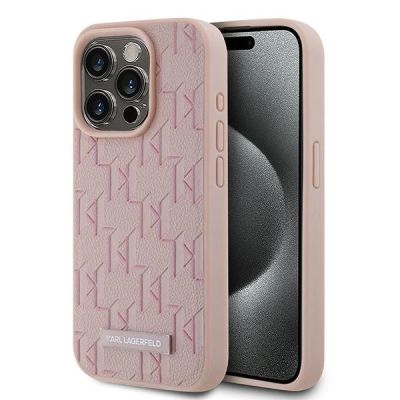 Karl Lagerfeld Leder-Monogramm-Metall-Logo-Hülle für iPhone 15 Pro – Rosa