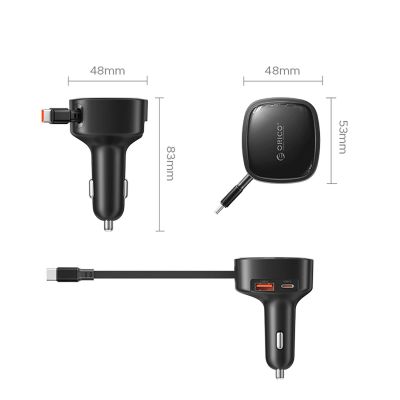2. Orico FC-66-1A2C 66W Kfz-Ladegerät mit integriertem, einziehbarem USB-C-Kabel – Schwarz