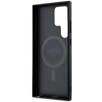 7. Guess 4G Collection Leder-Metall-Logo MagSafe-Hülle für Samsung Galaxy S24 Ultra – Schwarz