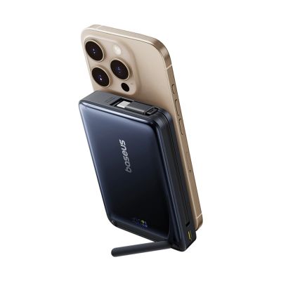 4. Baseus Nomos 10000mAh 30W Qi2 Powerbank mit MagSafe-kompatiblem Ständer und integriertem USB-C-Kabel – Schwarz