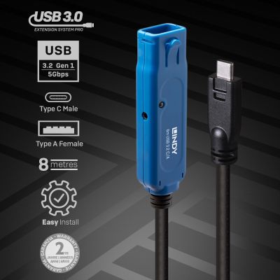 3. Lindy 43381 USB-Kabel USB 3.2 Gen 1 (3.1 Gen 1) 8 m USB-C USB-A Schwarz, Blau