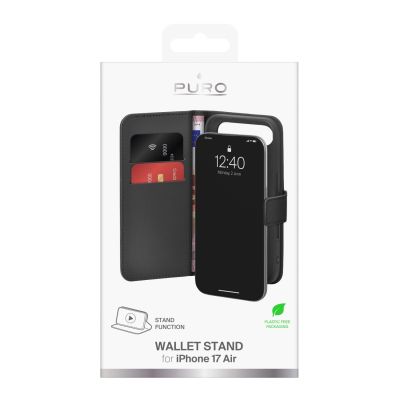 2. Puro Wallet Stand Case für iPhone 17 Air aus Öko-Leder, mit Klappe, Geldbörse und Standfunktion - Schwarz