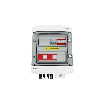 Hermetische DC/AC-Anschlussverteilerplatte IP65 mit EMITER-Anschluss und Dehn 1000-V-DC-Überspannungsableiter Typ 1+2, 2 x PV-String, 2 x MPPT // Dehn-AC-Begrenzer Typ 1+2, 20 A, 3-polig