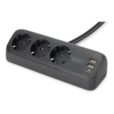Digitus 3-fach-Steckdosenleiste fürs Büro mit 2 USB-A- und 1 USB-C-Anschluss, Schwarz