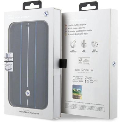 7. Tasche BMW BMBKP14L22RVSK iPhone 14 Pro 6.1" schwarz/schwarz Büchertasche Leder Stamp Blue Lines