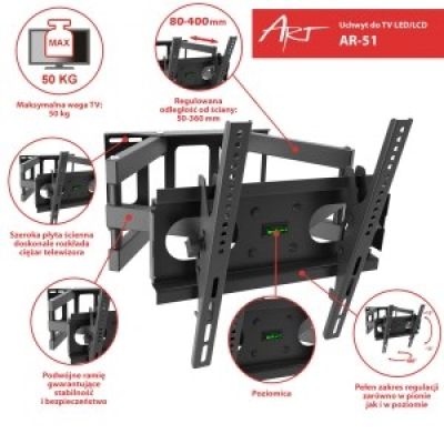 7. ART AR-51 TV-Wandhalterung (schwenkbar, wandmontiert, neigbar - 60"; max. 50 kg)