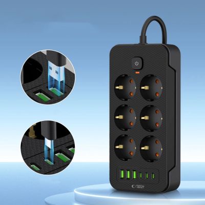 3. Tech-Protect PC6X6 Steckdosenleiste 6 Steckdosen 240V + 3xUSB-A + 3xUSB-C 200cm - Schwarz