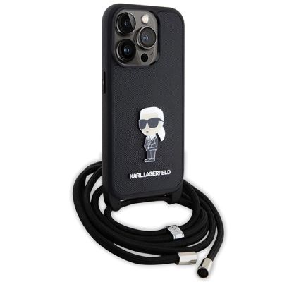 3. Karl Lagerfeld Umhängetasche mit Saffiano-Monogramm und Metallnadel, Karl & Choupette-Hülle für iPhone 15 Pro – Schwarz