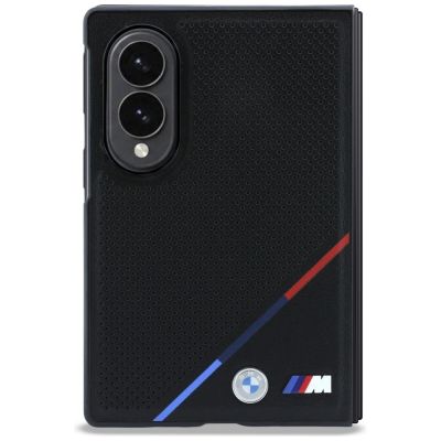 2. BMW M Lederhülle mit perforiertem dreifarbigem Streifenmuster, Metalllogos und MagSafe-Funktion für Samsung Galaxy Z Fold 8 – Schwarz