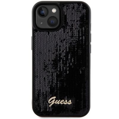 3. Guess Pailletten Script Metallhülle für iPhone 14 / 15 / 13 – Schwarz