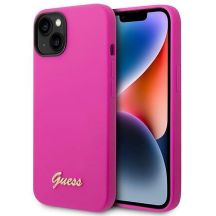 Guess Silikonhülle mit Vintage-Goldlogo für iPhone 14 / 15 Plus – Fuchsia