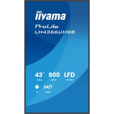 9. iiyama LH4366UHSB-B1AG Digital Signage Display, Flachbildschirm, 109,2 cm (43") LCD, WLAN, 800 cd/m², 4K Ultra HD, Schwarz, integrierter Prozessor, Android, 24/7-Betrieb
