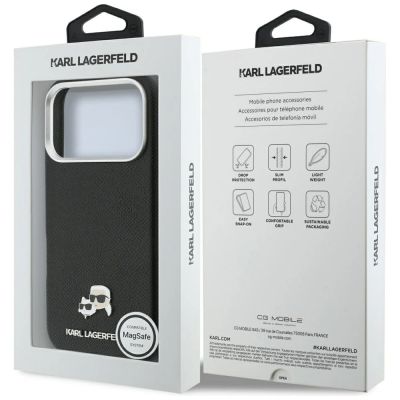8. Karl Lagerfeld Karl & Choupette Head Pins Saffiano MagSafe Hülle für iPhone 17 Pro Max - Schwarz
