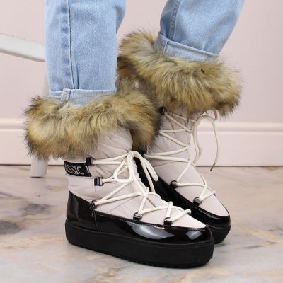 12. Plateau-Schneestiefel mit Schnürung und Fell Vinceza W JAN262 beige