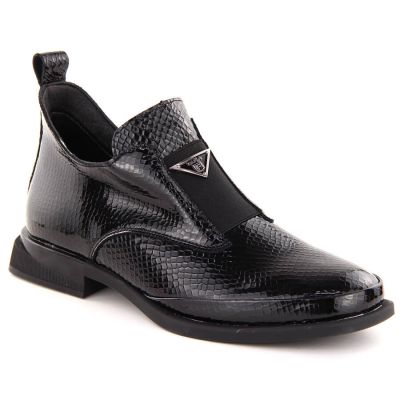 8. Damen-Lackleder-Stiefeletten in Kroko-Optik mit Zierelement, schwarz, Filippo DBT6425