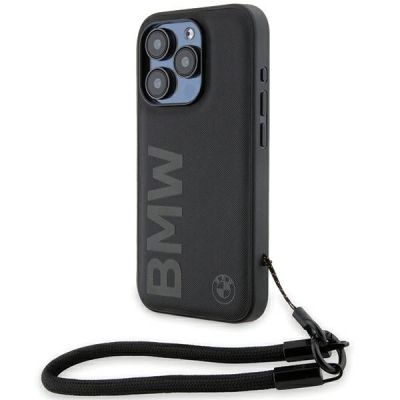 BMW Signature Leder-Wordmark-Cord-Hülle für iPhone 15 Pro – Schwarz