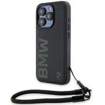 BMW Signature Leder-Wordmark-Cord-Hülle für iPhone 15 Pro – Schwarz