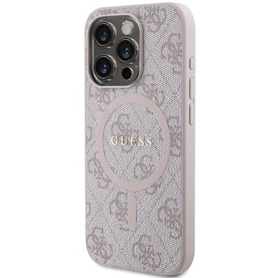 2. Guess 4G Collection MagSafe-Hülle aus Leder und Metalllogo für iPhone 14 Pro Max – Rosa