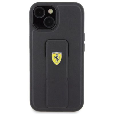 3. Ferrari Grip Stand Metall-Logo-Hülle für iPhone 15 – Schwarz