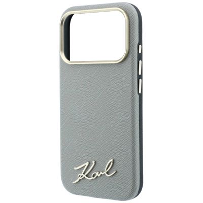 6. Karl Lagerfeld Saffiano MagSafe Hülle mit kleinem Schriftzug und Metalllogo für iPhone 17 Pro Max / 18 Pro Max – Beige