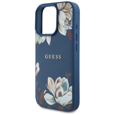 6. Guess Grained Printed Flower Pattern MagSafe Case für iPhone 16 Pro Blau