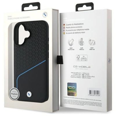 8. BMW Sign Leather Textured And Line MagSafe-Hülle für iPhone 16 – Schwarz