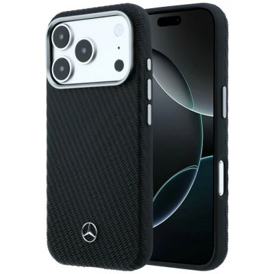 Mercedes Leder-Halbhülle in Holzoptik mit MagSafe-Funktion für iPhone 17 Pro – Schwarz
