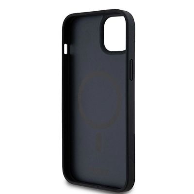 7. DKNY MagSafe-Hülle aus Leder mit Monogrammmuster und Metalllogo für iPhone 15 Plus / 14 Plus – Schwarz