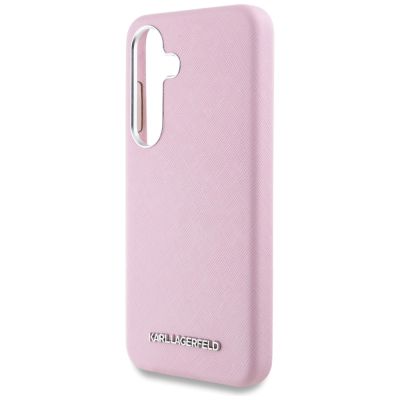 6. Karl Lagerfeld Saffiano Vollumwickelte MagSafe-Hülle mit länglichem Metalllogo für Samsung Galaxy S25+ - Rosa