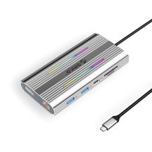 Orico XDR 12-in-1 RGB USB-C Dockingstation mit USB-A, USB-C, 2x HDMI 4K 60 Hz, DisplayPort 4K 60 Hz, RJ45, Gigabit PD 100 W und SD- und microSD-Kartenleser – Silber