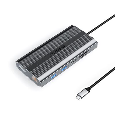 Orico XDR 12-in-1 USB-C Dockingstation mit USB-A-, USB-C-, 2x HDMI 4K 60Hz-, DisplayPort 4K 60Hz-, RJ45 Gigabit PD 100W- und SD-/microSD-Kartenleser – Grau
