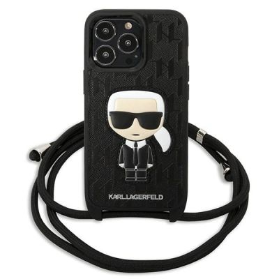 2. Karl Lagerfeld Iconik Case aus Leder mit Monogramm-Patch und Kordel für iPhone 13 Pro / 13 - Schwarz