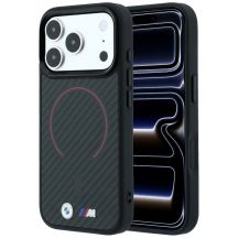 BMW M Kevlar MagSafe Hülle mit rotem Printring und Metalllogo für iPhone 18 Pro / 17 Pro – Schwarz