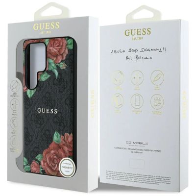 8. Guess Leather 4G Flowers Print Metal Classic Logo MagSafe Hülle für Samsung Galaxy S25 Ultra - Schwarz