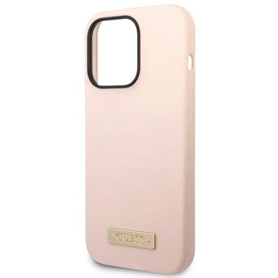 6. Guess Silikon-Logo-Platte MagSafe Hülle für iPhone 14 Pro – Pink