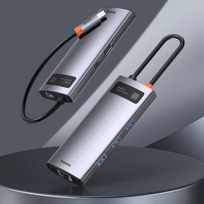 12. HUB Baseus Metal Gleam 6in1 USB-C - USB-C PD 100W 1x HDMI 4K 30Hz 3x USB-A 3.2 1x RJ45 - grau