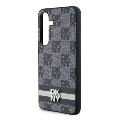 6. DKNY Lederhülle mit kariertem Monomuster und bedruckten Streifen für Samsung Galaxy S24 – Schwarz