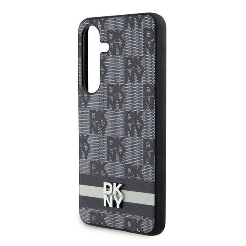 6. DKNY Lederhülle mit kariertem Monomuster und bedruckten Streifen für Samsung Galaxy S24 – Schwarz