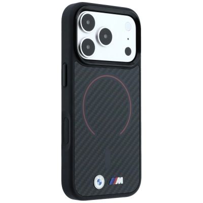 4. BMW M Kevlar MagSafe Hülle mit rotem Printring und Metalllogo für iPhone 18 Pro Max / 17 Pro Max – Schwarz