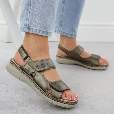 6. Damen-Ledersandalen mit Klettverschluss, Metallicbraun, Rieker 60462-90