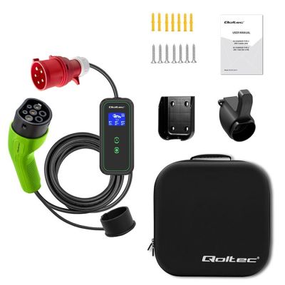 3. Qoltec Mobiles Ladegerät für Elektroautos (EV) mit 2-in-1-Norm Typ 2 | 11 kW | CEE 5-PIN | LCD | 3-phasig | Tragbar | Wandsteckdose | 5 m
