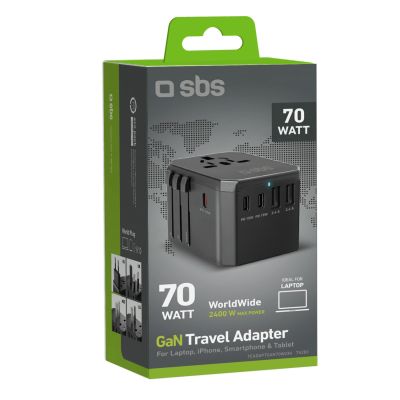 2. SBS Universal-GaN-Reiseadapter 70 W, 3x USB-C, 2x USB-A mit Tasche – Schwarz