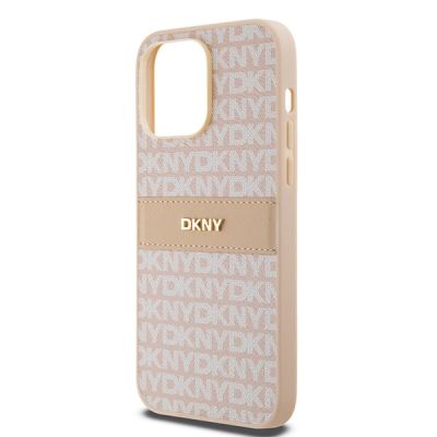 6. DKNY Lederhülle mit Monostreifen und Metalllogo für iPhone 14 Pro Max – Rosa