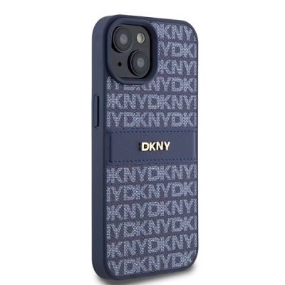 4. DKNY Lederhülle mit Monostreifen und Metalllogo für iPhone 15 / 14 / 13 – Blau