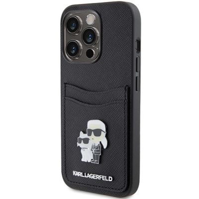 2. Karl Lagerfeld Saffiano Cardslot Karl&Choupette Metal Pin Hülle für iPhone 15 Pro – Schwarz