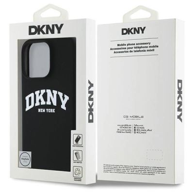 8. DKNY Silikon-MagSafe-Hülle mit weißem bedrucktem Logo für iPhone 16 Pro Max – Schwarz